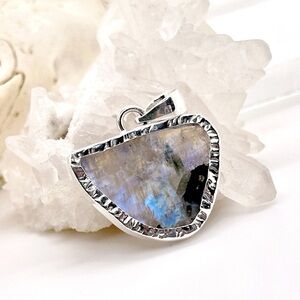 RAINBOW Moonstone & Black Tourmaline Sterling Silver Gemstone Pendant Necklace